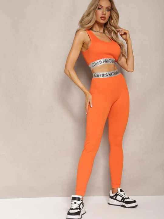 Zdjęcie produktu Pomarańczowe Sportowe Legginsy Elastyczne z Ozdobną Szeroką Gumą w Pasie Larnode Elsa.m By May