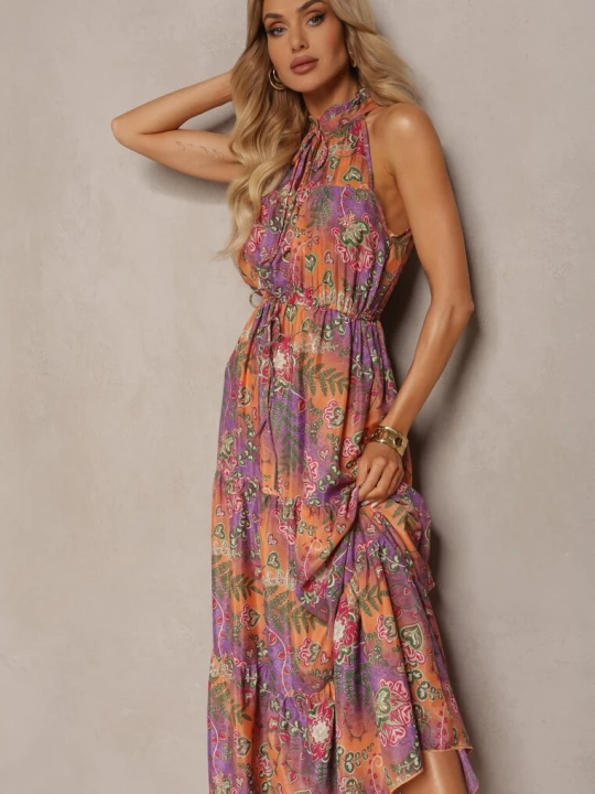 Zdjęcie produktu Pomarańczowo-Różowa Sukienka w Stylu Boho z Gumką w Talii i Ozdobnym Wiązaniem Piofara J&x