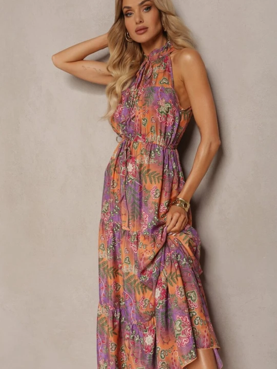 Zdjęcie produktu Pomarańczowo-Różowa Sukienka w Stylu Boho z Gumką w Talii i Ozdobnym Wiązaniem Piofara J&x