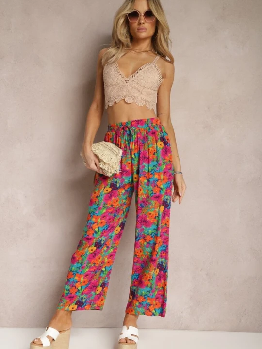 Zdjęcie produktu Pomarańczowo-Różowe Wiskozowe Spodnie z Prostą Nogawką High Waist w Kwiatowy Wzór Zaranima J.stars