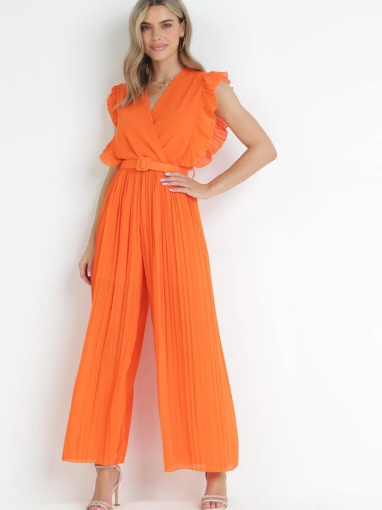Zdjęcie produktu Pomarańczowy Plisowany Kombinezon z Szerokimi Nogawkami i Paskiem Audra New Collection