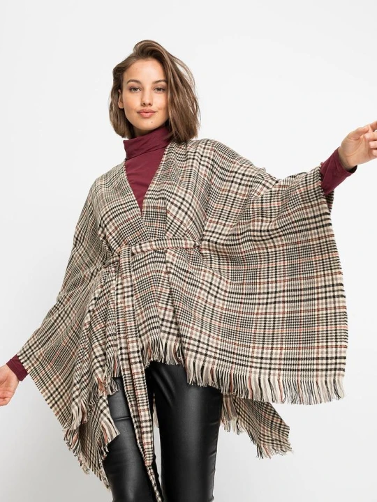 Zdjęcie produktu Poncho w kratkę, z paskiem do wiązania BonPrix beżowy