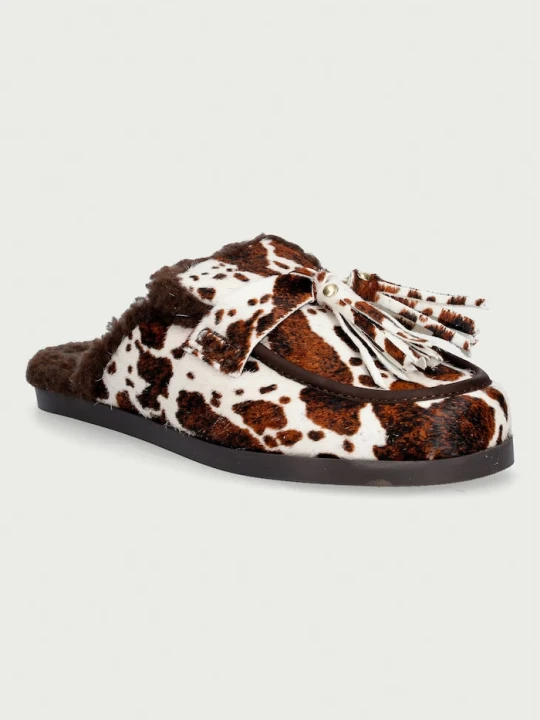 Zdjęcie produktu Posa kapcie damskie skórzane Ranch Tassel Mule Cow Print brązowy
