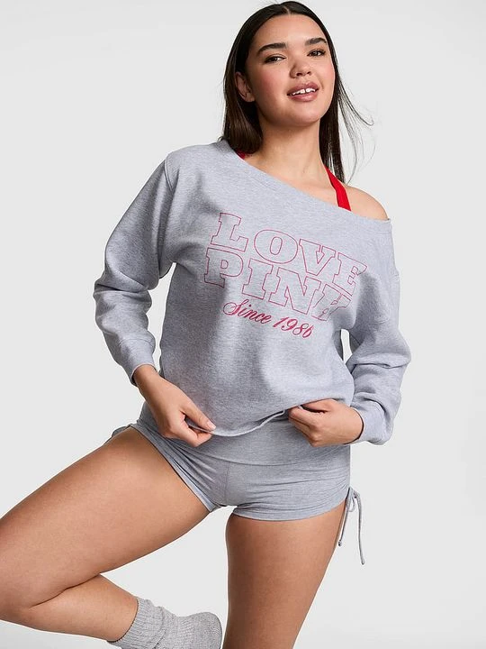 Zdjęcie produktu PINK Bluza bawełniana prążkowana Campus Fleece off-shoulder Victoria's Secret Szary