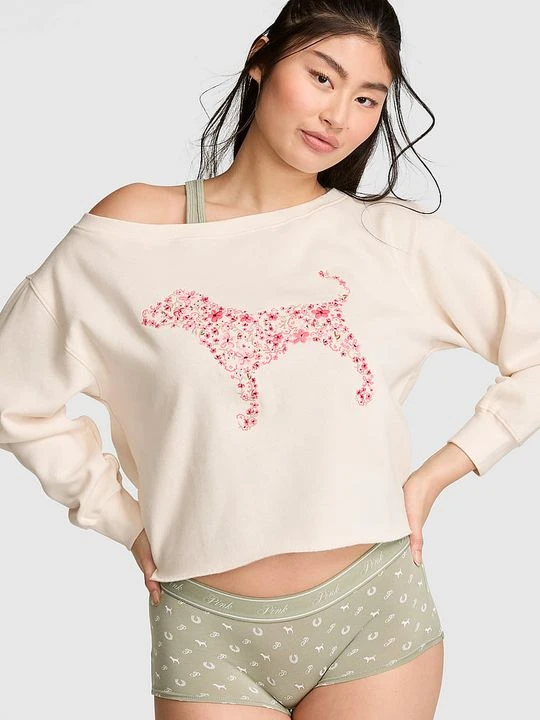 Zdjęcie produktu PINK Bluza bawełniana prążkowana Campus Fleece off-shoulder Victoria's Secret Beżowy