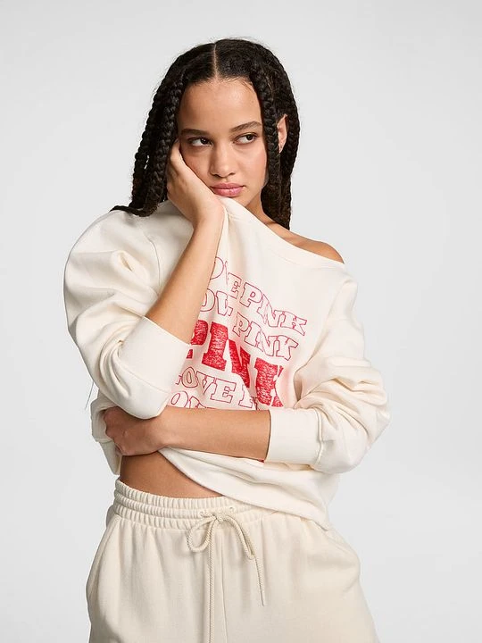 Zdjęcie produktu PINK Bluza bawełniana prążkowana Campus Fleece off-shoulder Victoria's Secret Beżowy