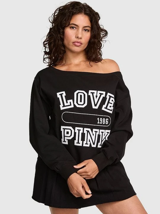 Zdjęcie produktu Prążkowana bluza z odkrytymi ramionami Campus Fleece Victoria's Secret Czarny