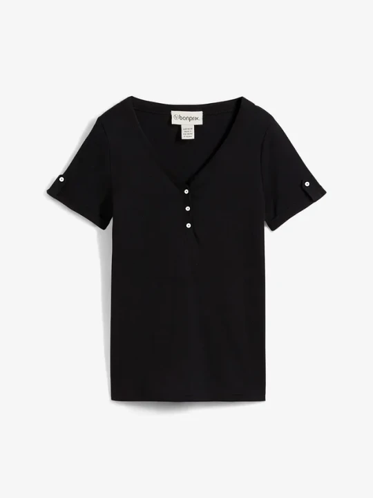 Zdjęcie produktu Prążkowana bluzka Henley z czystej bawełny BonPrix czarny