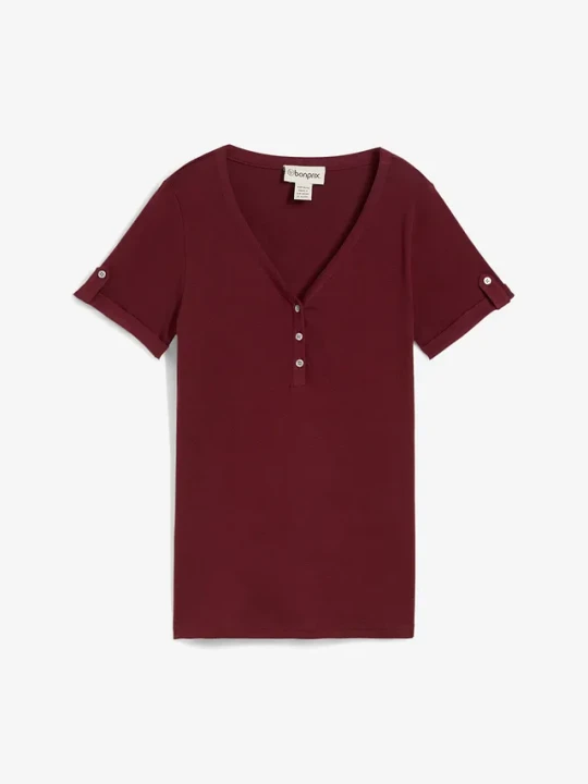 Zdjęcie produktu Prążkowana bluzka Henley z czystej bawełny BonPrix czerwony