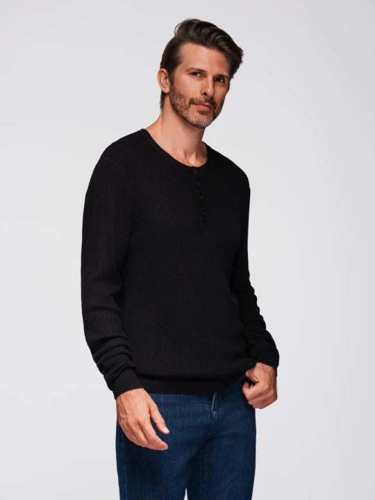 Zdjęcie produktu Prążkowany sweter męski z guzikami przy dekolcie - czarny V2 - Rozmiar: L Ombre Clothing