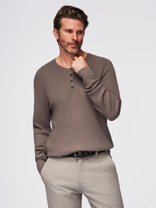Zdjęcie produktu Prążkowany sweter męski z guzikami przy dekolcie - popielaty V4 Ombre Clothing