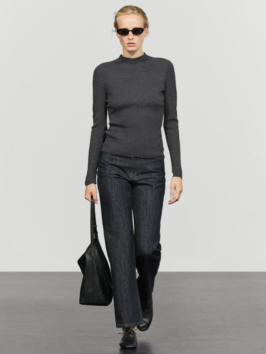 Zdjęcie produktu Prążkowany Sweter Z Dzianiny Z Półgolfem - Szary Antracytowy - Massimo Dutti - Female