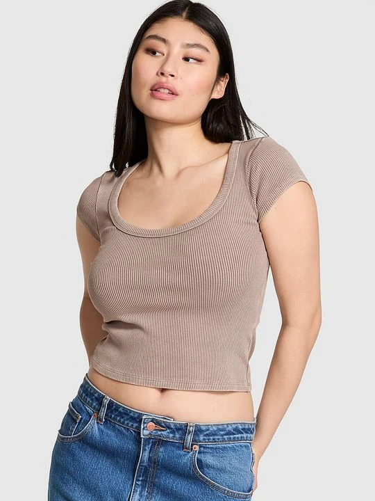 Zdjęcie produktu Prążkowany T-shirt z dekoltem typu scoop Victoria's Secret Brązowy