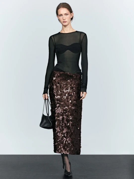 Zdjęcie produktu Prosta Spódnica Midi - Cekiny - Brązowy - Massimo Dutti - Female
