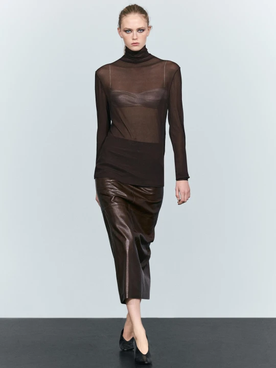 Zdjęcie produktu Prosta Spódnica Midi Z Przeszyciami Ze Skóry Nappa - Czekoladowy - Massimo Dutti - Female