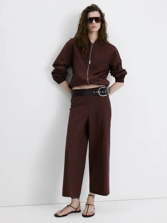 Zdjęcie produktu Proste spodnie z lnianej tkaniny khaki - Kobieta - - MANGO