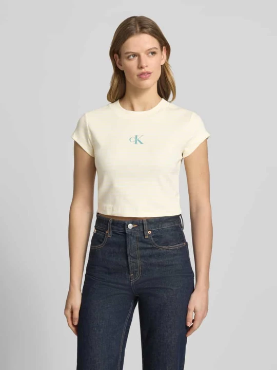Zdjęcie produktu Przycięty T-shirt w paski z logo Calvin Klein Jeans Jasnożółty