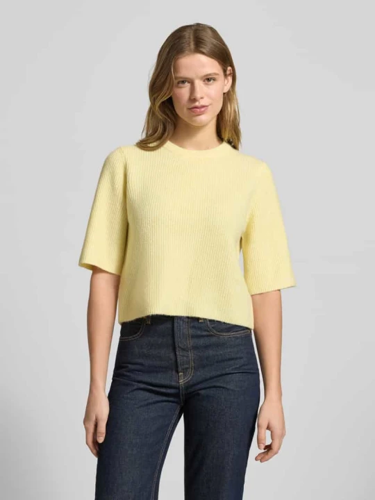 Zdjęcie produktu Pudełkowy krój T-shirt z prążkowanej dzianiny z dodatkiem wełny Model 'SILLY' Pieces Jasnożółty