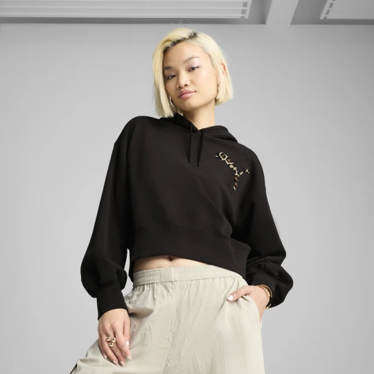 Zdjęcie produktu PUMA Damska bluza z kapturem LEO LUXE o luźnym skróconym kroju, Odzież, Czarny