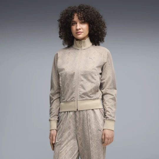 Zdjęcie produktu PUMA Damska krótka kurtka dresowa T7 w wężowy wzór, Odzież, Beżowy