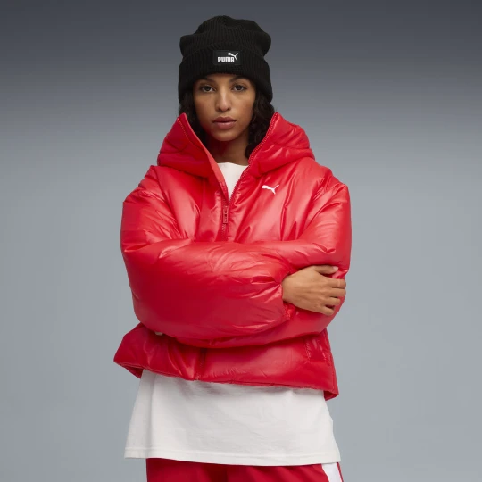 Zdjęcie produktu PUMA Damska kurtka ocieplana Wardrobe Essentials błyszcząca z kapturem, Odzież, Czerwony