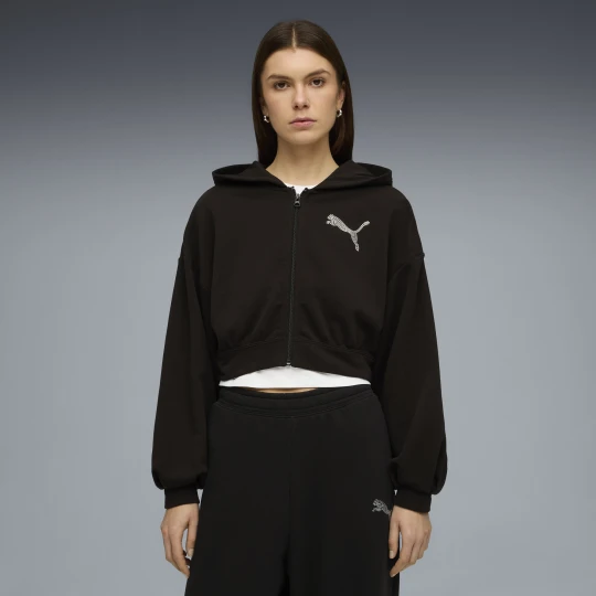 Zdjęcie produktu PUMA Damska rozpinana bluza z kapturem Essentials Graphics Bedazzled, Odzież, Czarny