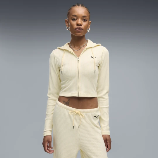 Zdjęcie produktu PUMA Damska rozpinana bluza z kapturem Essentials Ribbed o wąskim kroju, Odzież, Żółty