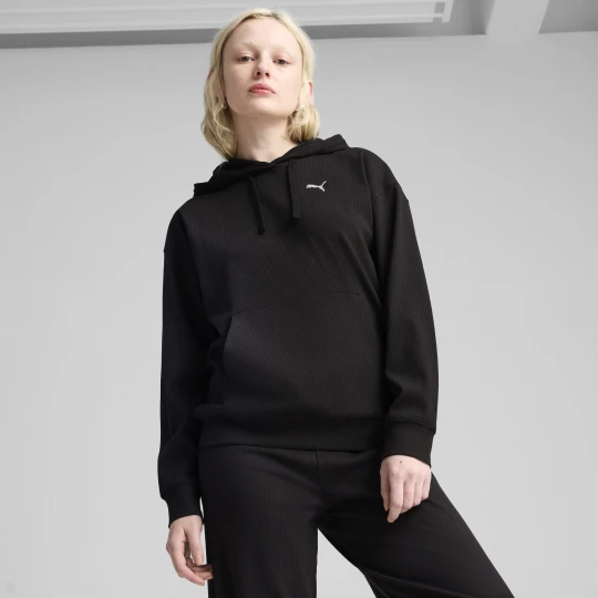 Zdjęcie produktu PUMA Damska wygodna prążkowana bluza z kapturem ESS ELEVATED, Odzież, Czarny