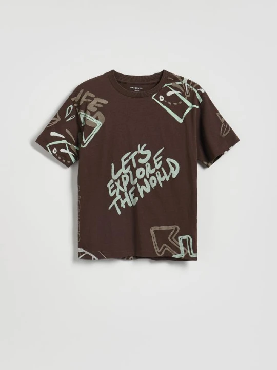 Zdjęcie produktu Reserved - Bawełniany t-shirt - ciemnobrązowy