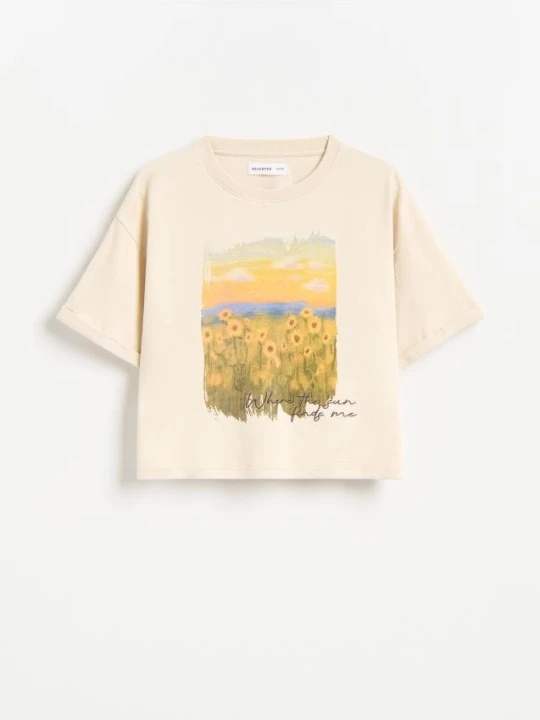 Zdjęcie produktu Reserved - Bawełniany t-shirt z aplikacją - beżowy