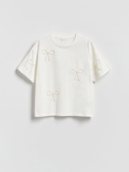 Zdjęcie produktu Reserved - Bawełniany t-shirt z aplikacjami - złamana biel