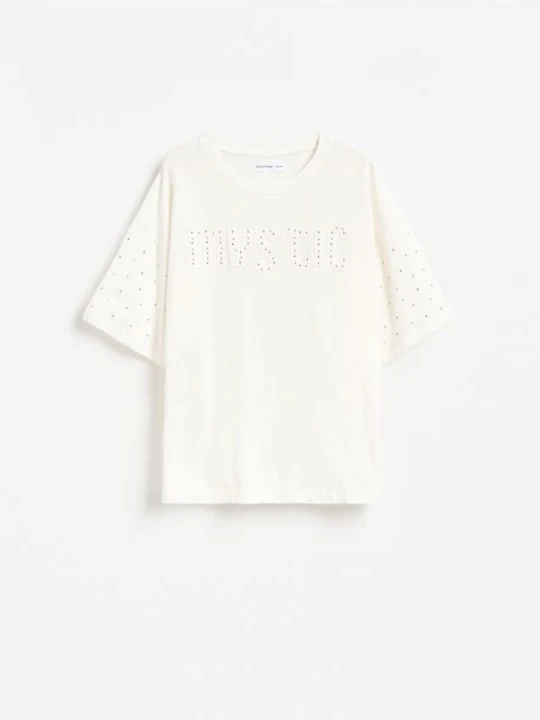 Zdjęcie produktu Reserved - Bawełniany t-shirt z aplikacjami - złamana biel