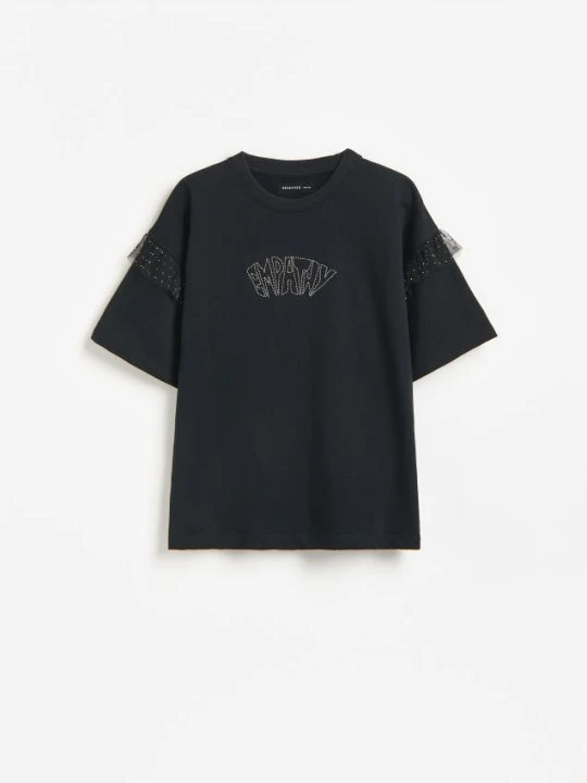 Zdjęcie produktu Reserved - Bawełniany t-shirt z falbankami - czarny