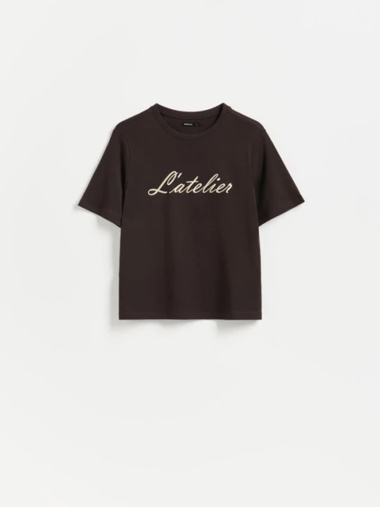 Zdjęcie produktu Reserved - Bawełniany t-shirt z haftem - ciemnobrązowy