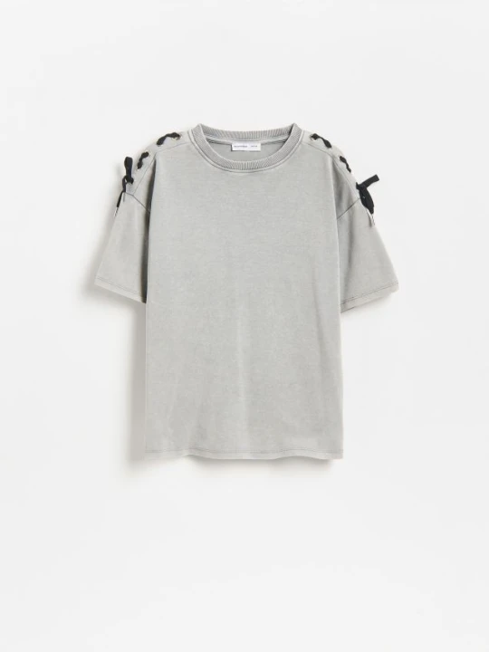 Zdjęcie produktu Reserved - Bawełniany t-shirt z kokardkami - jasnoszary