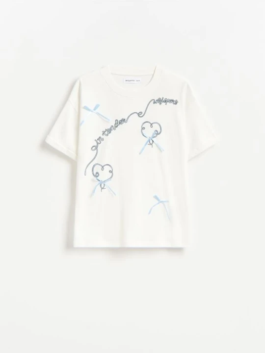 Zdjęcie produktu Reserved - Bawełniany t-shirt z kokardkami - złamana biel