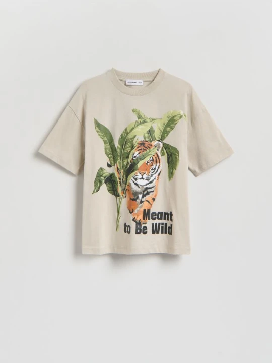 Zdjęcie produktu Reserved - Bawełniany t-shirt z nadrukiem - beżowy
