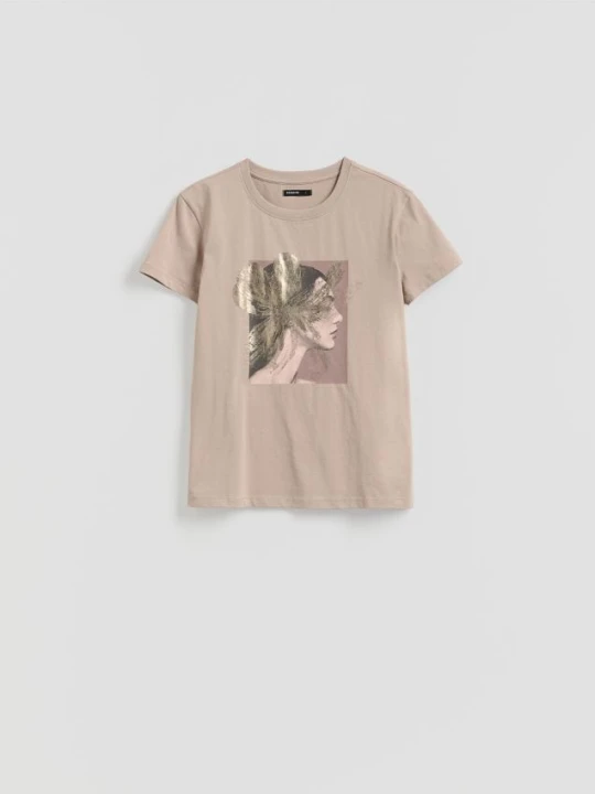 Zdjęcie produktu Reserved - Bawełniany t-shirt z nadrukiem - beżowy