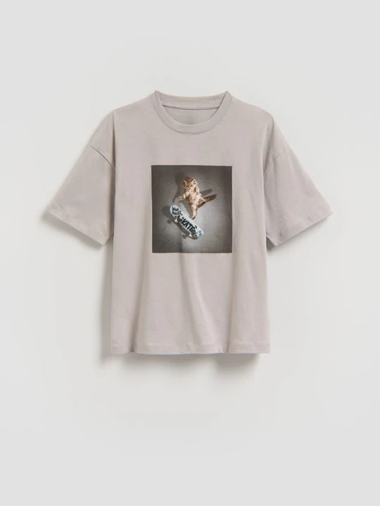 Zdjęcie produktu Reserved - Bawełniany t-shirt z nadrukiem - beżowy