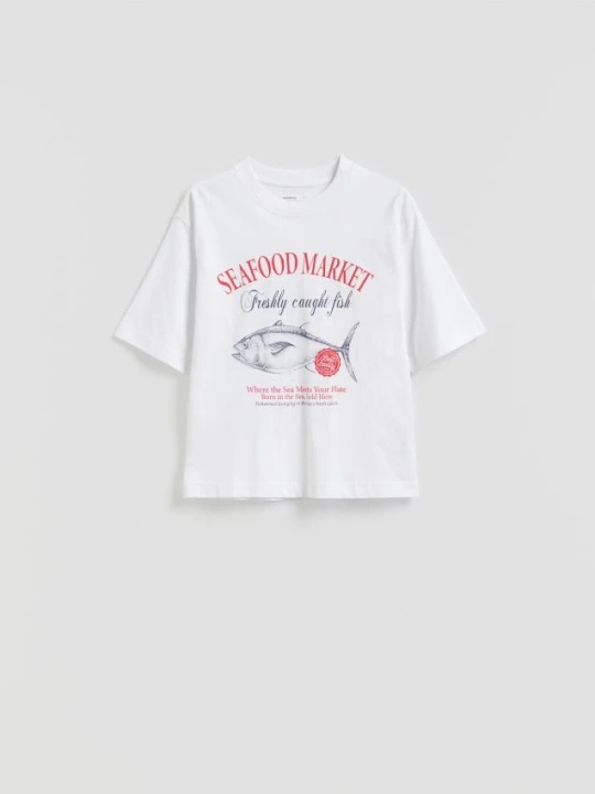 Zdjęcie produktu Reserved - Bawełniany t-shirt z nadrukiem - biały