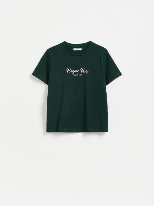 Zdjęcie produktu Reserved - Bawełniany t-shirt z nadrukiem - ciemnozielony