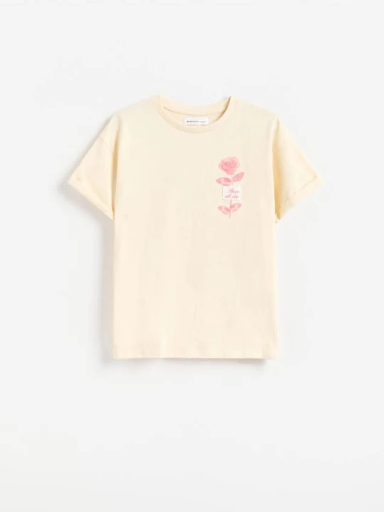 Zdjęcie produktu Reserved - Bawełniany t-shirt z nadrukiem - kremowy
