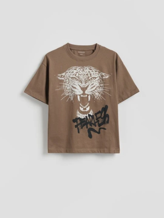 Zdjęcie produktu Reserved - Bawełniany t-shirt z nadrukiem - oliwkowy