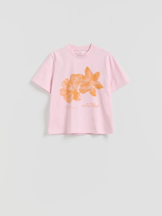 Zdjęcie produktu Reserved - Bawełniany t-shirt z nadrukiem - pastelowy róż
