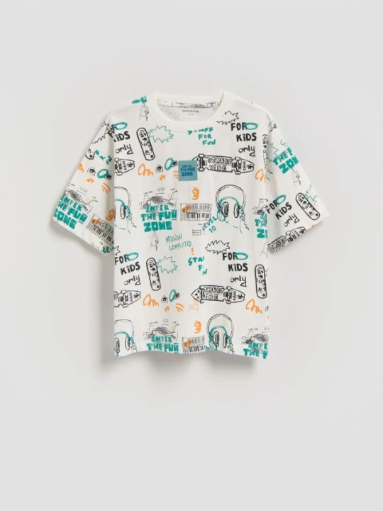 Zdjęcie produktu Reserved - Bawełniany t-shirt z nadrukiem - złamana biel