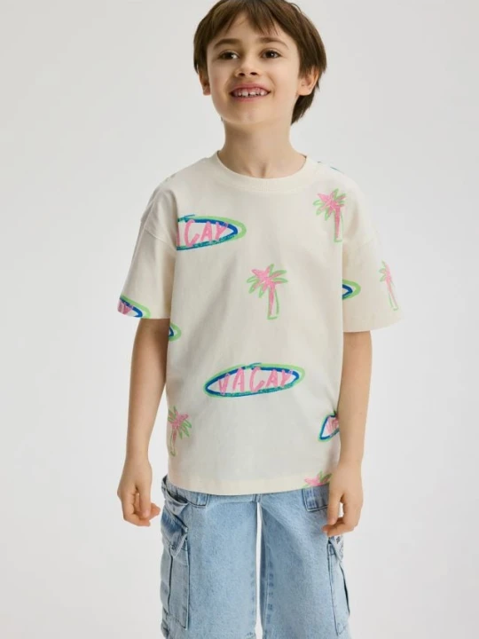 Zdjęcie produktu Reserved - Bawełniany t-shirt z nadrukiem - złamana biel