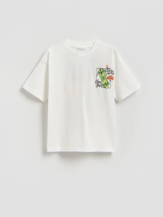 Zdjęcie produktu Reserved - Bawełniany t-shirt z nadrukiem - złamana biel