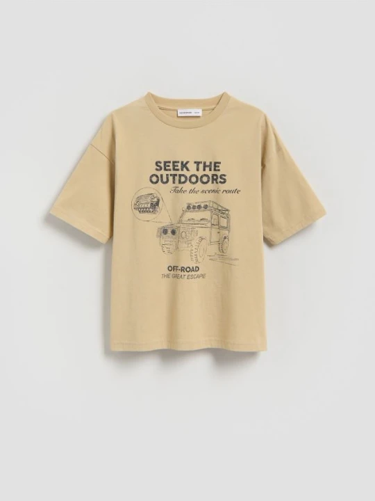 Zdjęcie produktu Reserved - Bawełniany t-shirt z nadrukiem - złamana biel