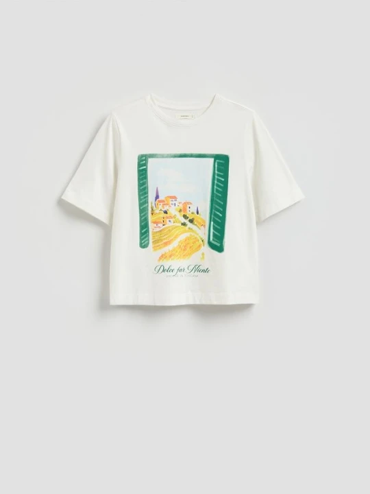 Zdjęcie produktu Reserved - Bawełniany t-shirt z nadrukiem - złamana biel
