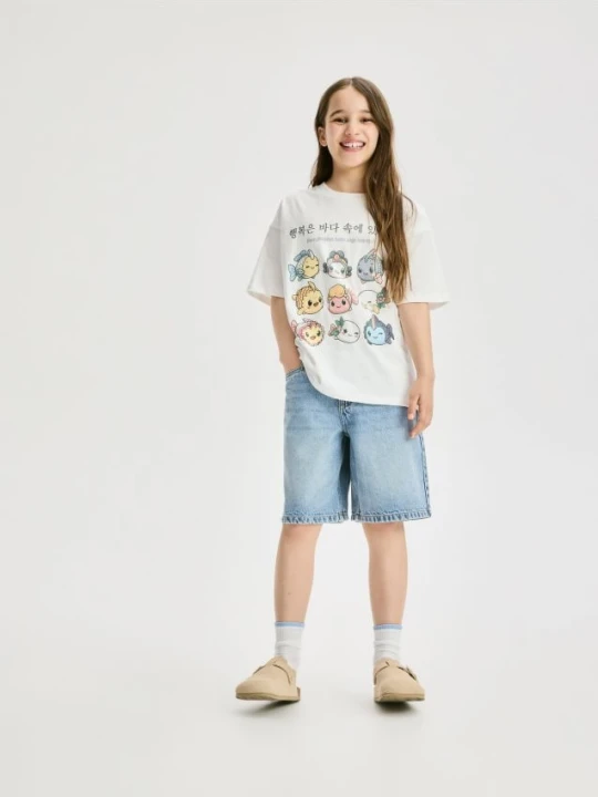 Zdjęcie produktu Reserved - Bawełniany t-shirt z nadrukiem - złamana biel